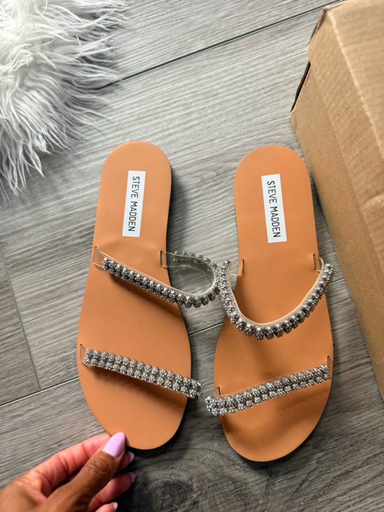 Steve Madden Shoes - Steve Madden Tan Slide Sandals with Rhinestone Straps
